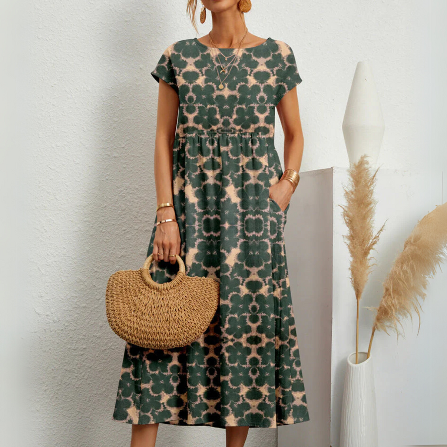Short sleeve floral midi dress shown from the front
