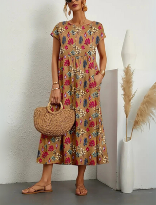 Floral midi dress showing the round neckline