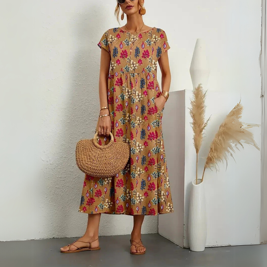 Floral midi dress showing the round neckline