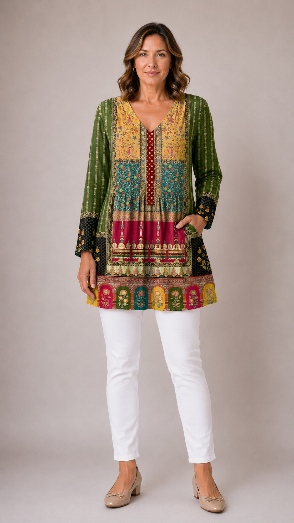 Melody long blouse in a multicoloured print, front view