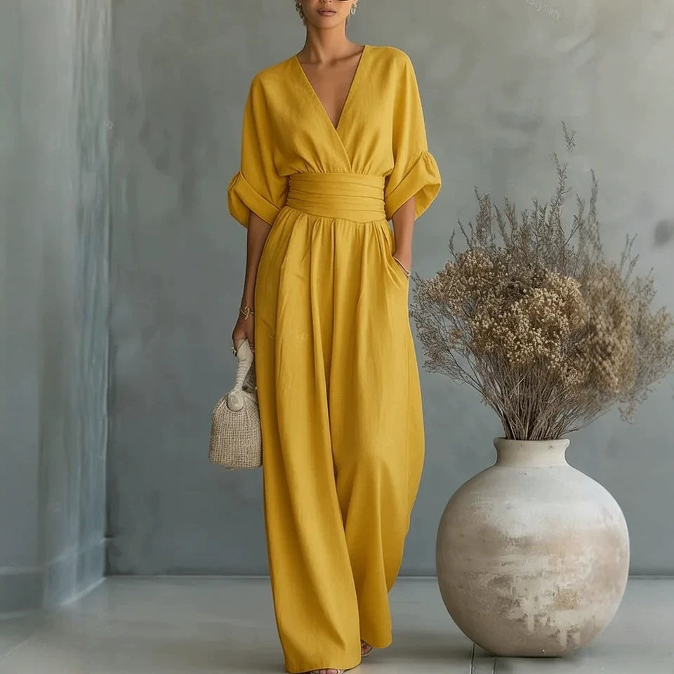 Elodie wide-leg linen jumpsuit in yellow