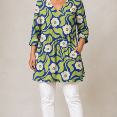 Green patterned long blouse with V-neck, front view