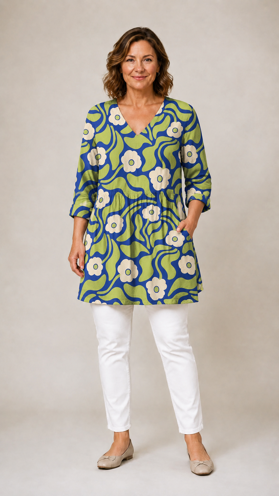 Green patterned long blouse with V-neck, front view