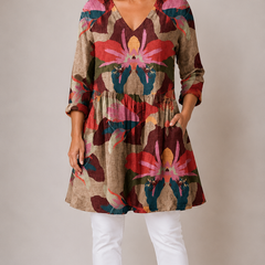 Cassidy long blouse in a multicoloured print, front view