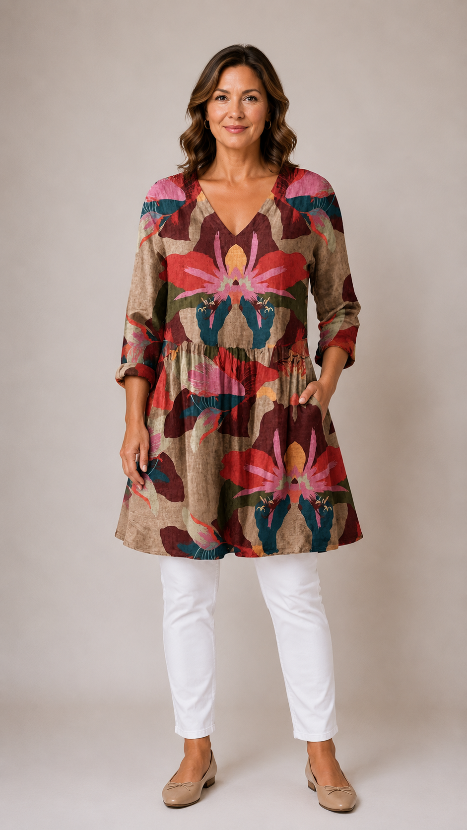 Cassidy long blouse in a multicoloured print, front view