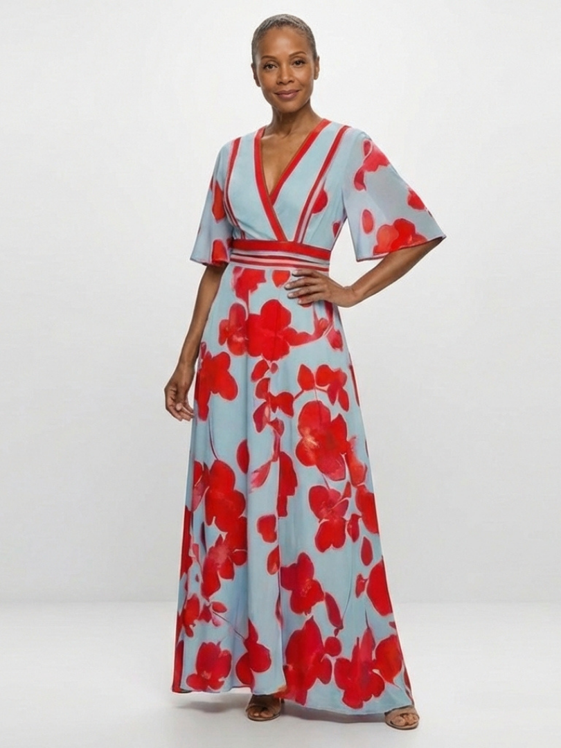 Corinne V Neck Short Sleeve Floral Maxi Dress
