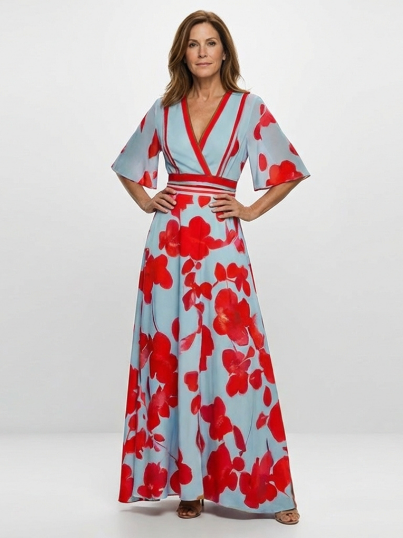 Corinne V Neck Short Sleeve Floral Maxi Dress
