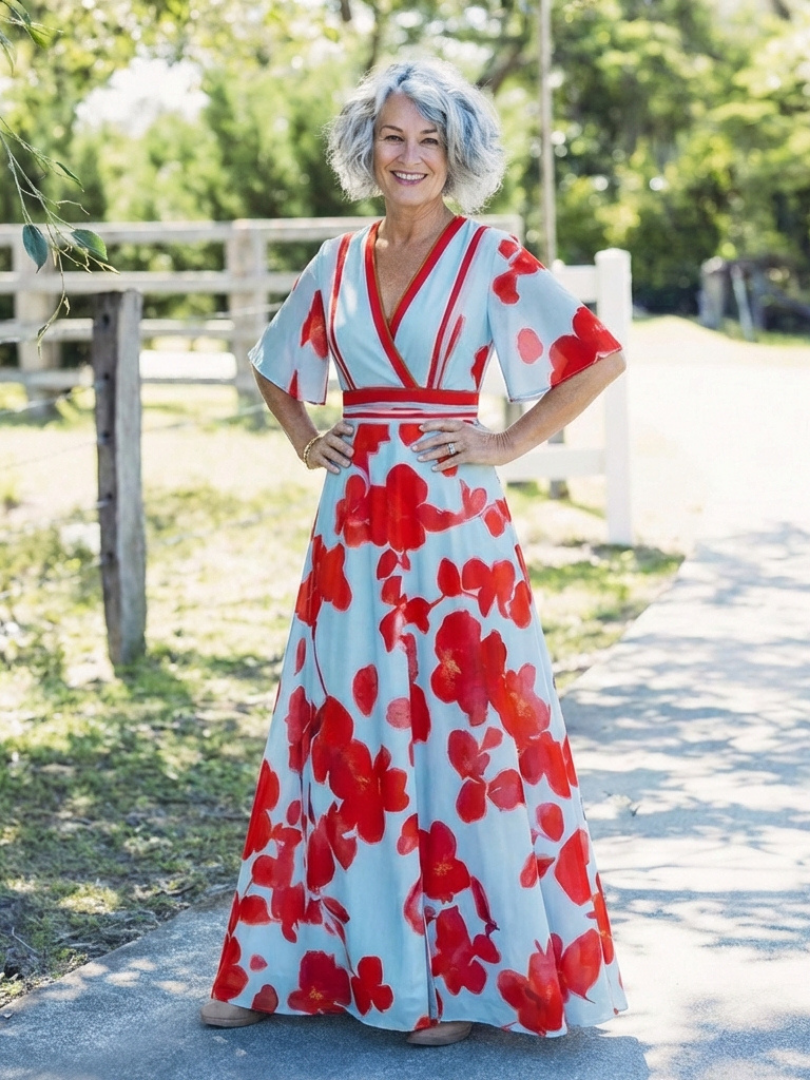 Corinne V Neck Short Sleeve Floral Maxi Dress