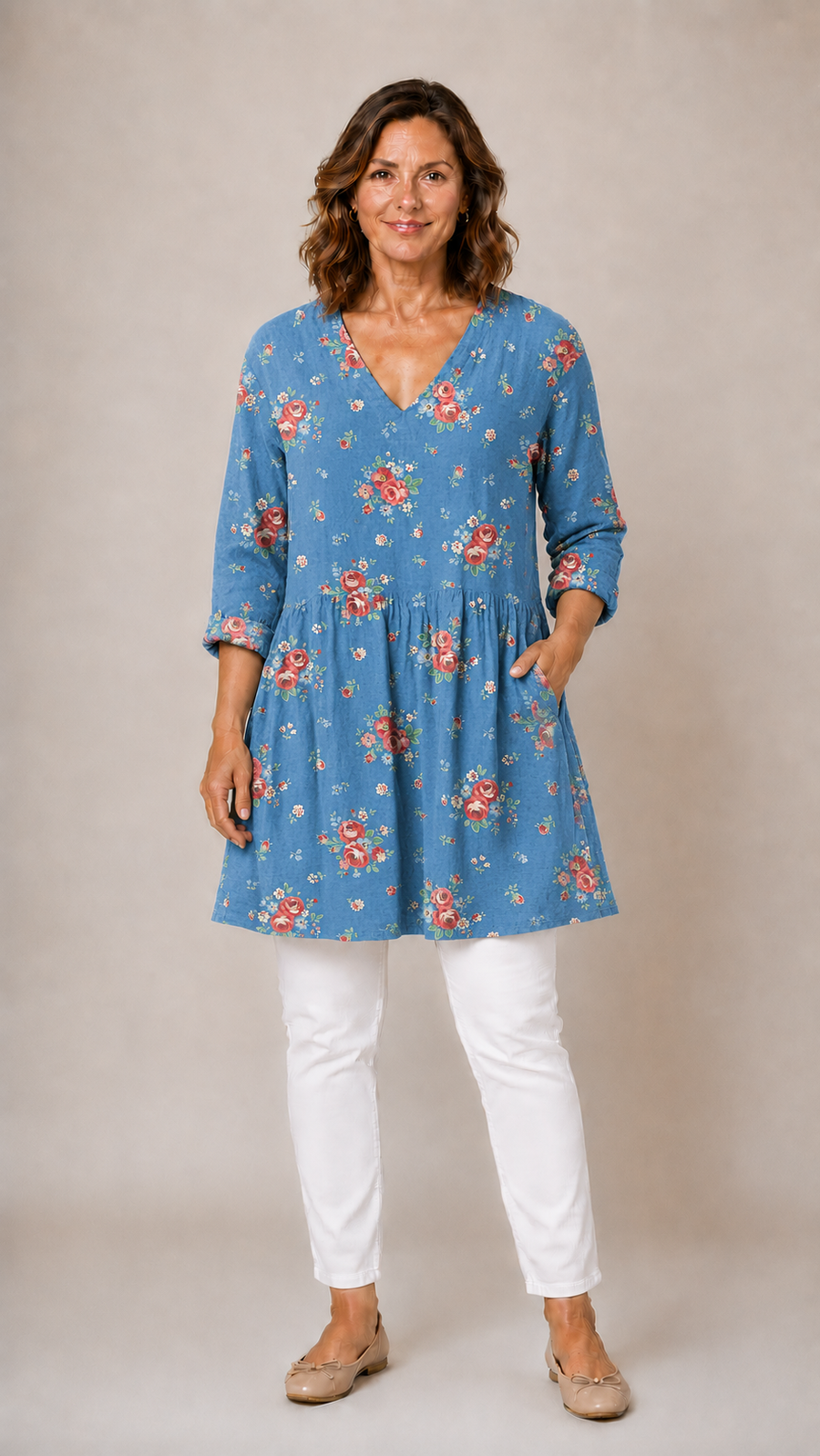 Blue patterned long blouse with V-neck, front view