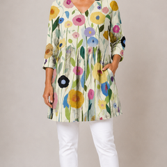 Nellie long blouse with V-neck in multicoloured print, front view