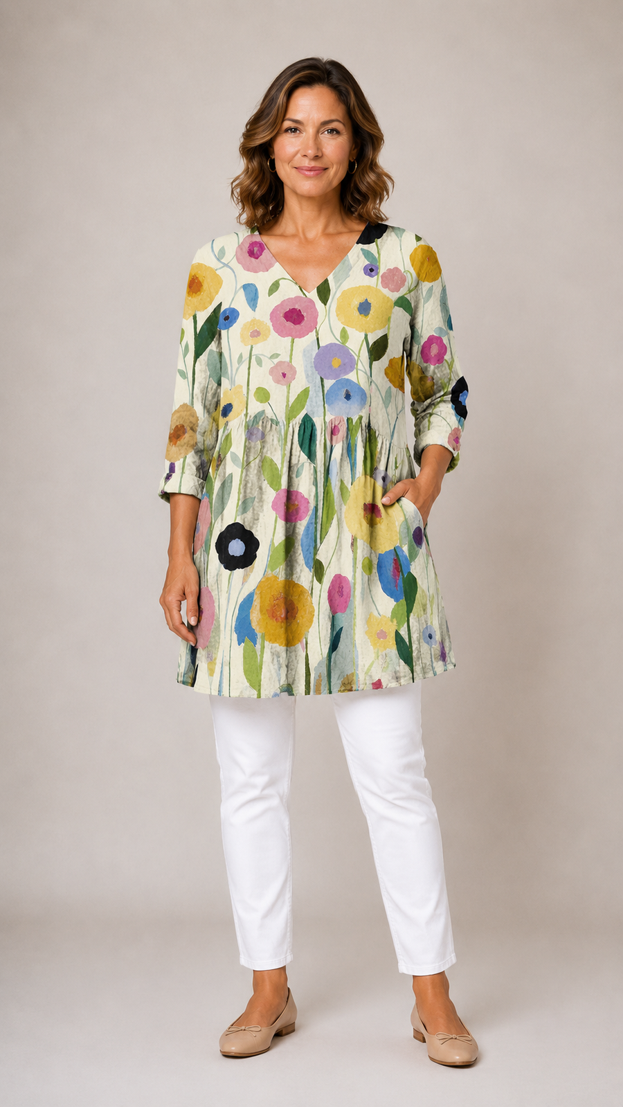Nellie long blouse with V-neck in multicoloured print, front view
