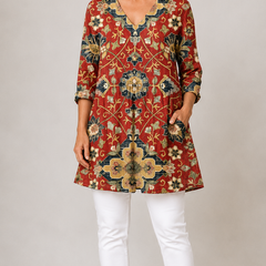 Amoura long blouse with V-neck in multicolour print, front view