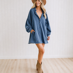 Maeve relaxed frayed hem denim shirt in dark blue, front view