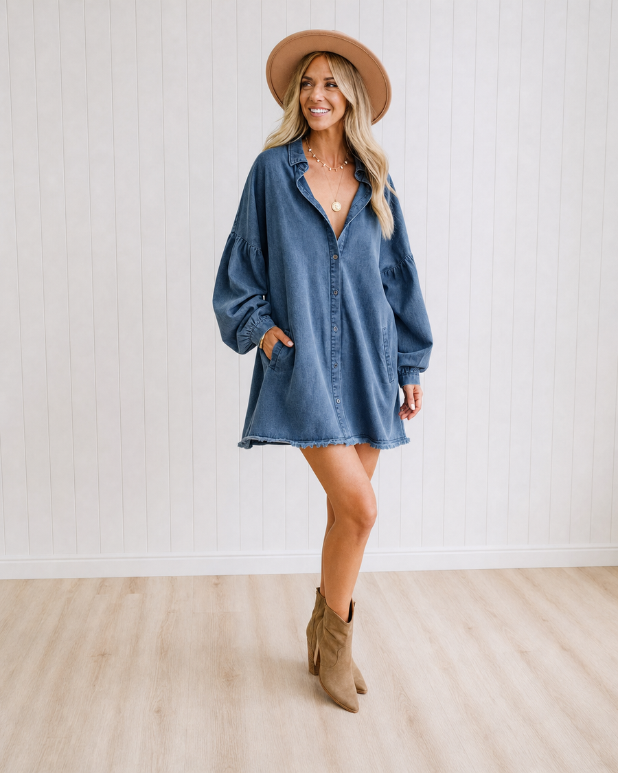 Maeve relaxed frayed hem denim shirt in dark blue, front view