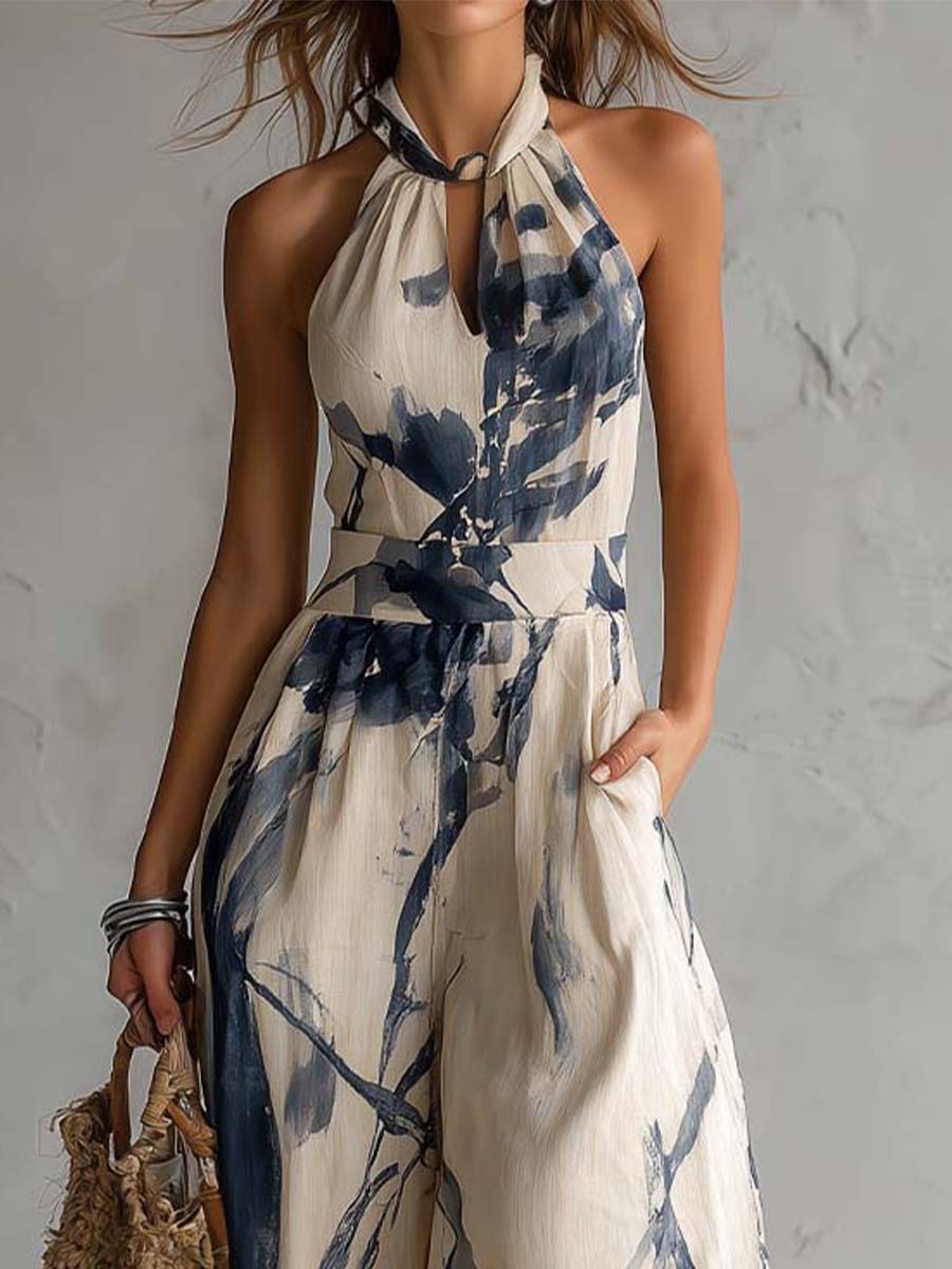 Sabryna Jumpsuit Ink Wash Halter Wide-Leg Jumpsuit with Pockets