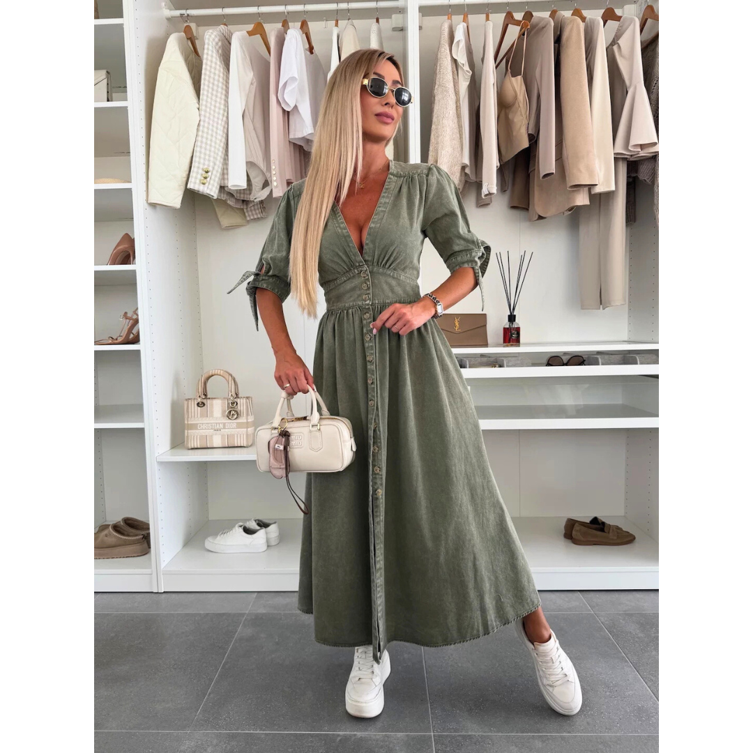 Army green midi dress on a model