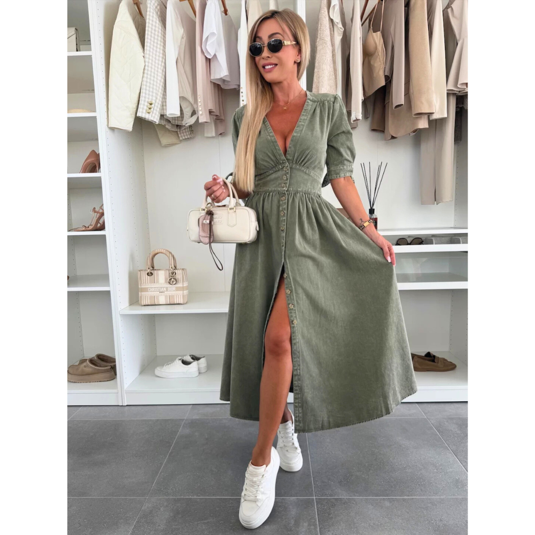 Army green midi dress front view