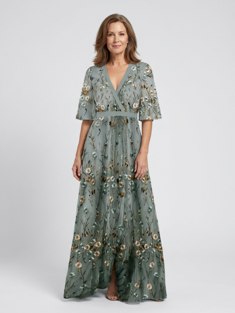 Evadne Floral V Neck Short Sleeve Maxi Dress