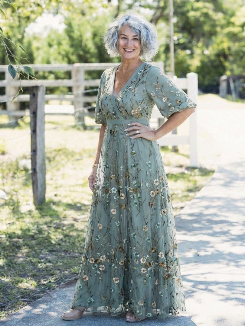 Evadne Floral V Neck Short Sleeve Maxi Dress