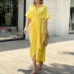 Tahlia Elegant Casual Dress, Flowy V-Neck Tie-Waist Midi Dress