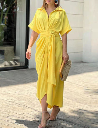 Tahlia Elegant Casual Dress, Flowy V-Neck Tie-Waist Midi Dress