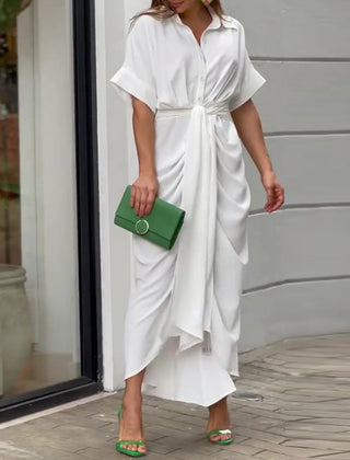 Tahlia Elegant Casual Dress, Flowy V-Neck Tie-Waist Midi Dress