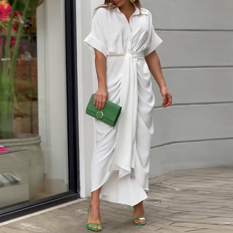 Tahlia Elegant Casual Dress, Flowy V-Neck Tie-Waist Midi Dress
