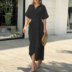 Tahlia Elegant Casual Dress, Flowy V-Neck Tie-Waist Midi Dress