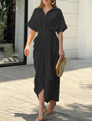Tahlia Elegant Casual Dress, Flowy V-Neck Tie-Waist Midi Dress