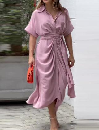 Tahlia Elegant Casual Dress, Flowy V-Neck Tie-Waist Midi Dress