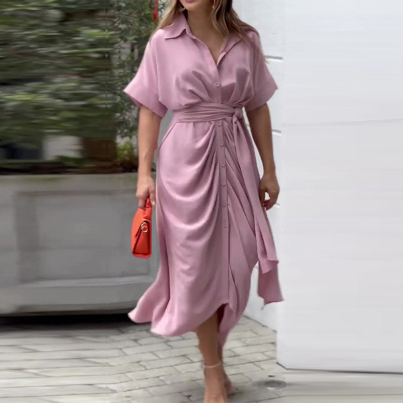 Tahlia Elegant Casual Dress, Flowy V-Neck Tie-Waist Midi Dress