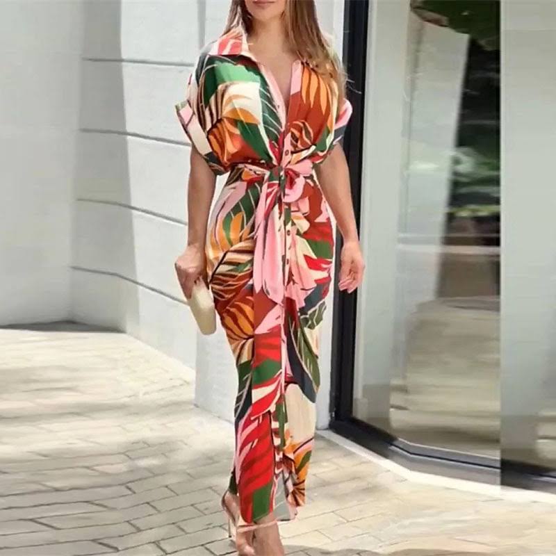 Tahlia Elegant Casual Dress, Flowy V-Neck Tie-Waist Midi Dress