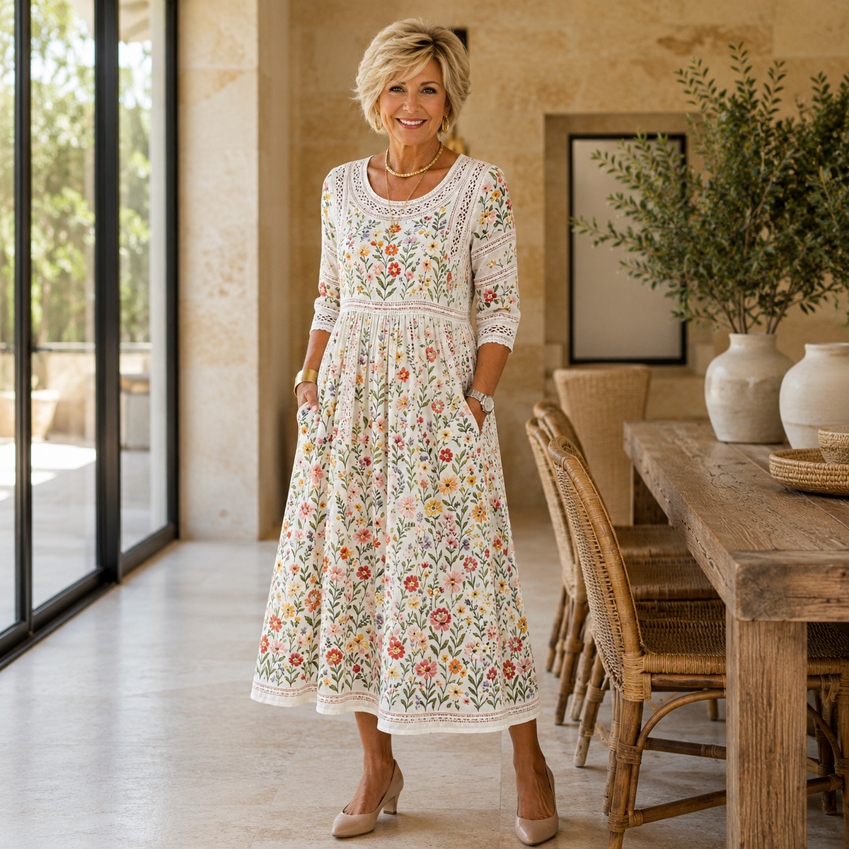 Rosemary Charm Midi Dress with Pockets