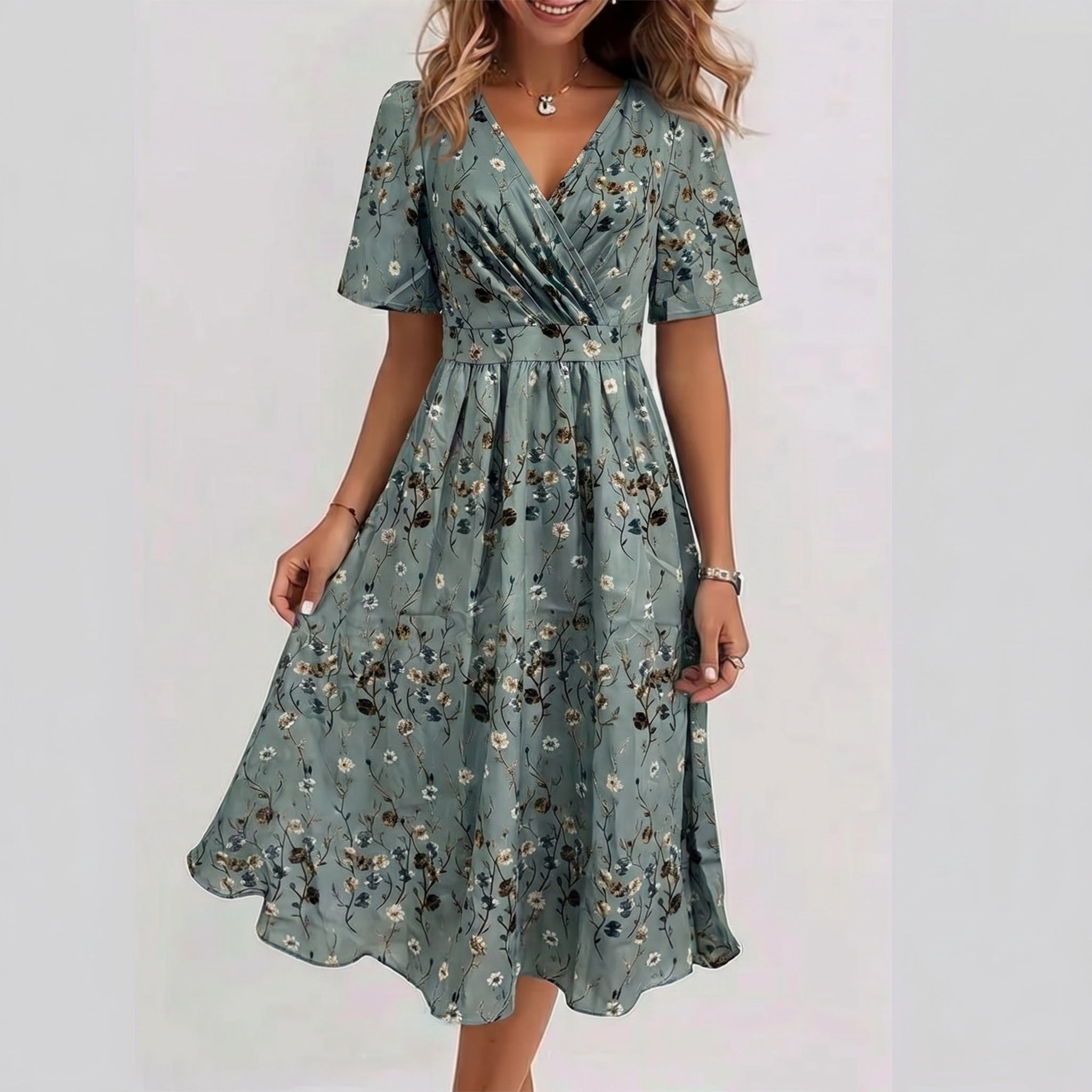 Close view of the V neckline and print