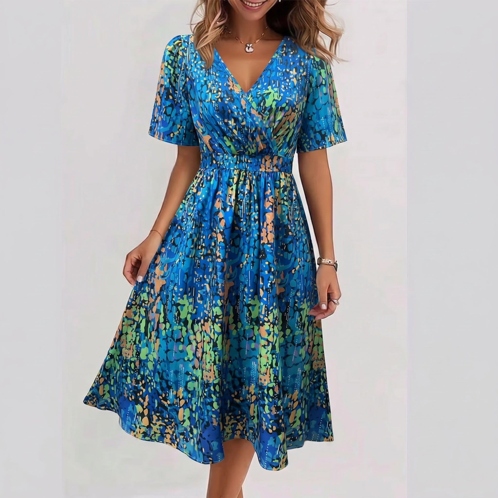 Boho print midi dress front view