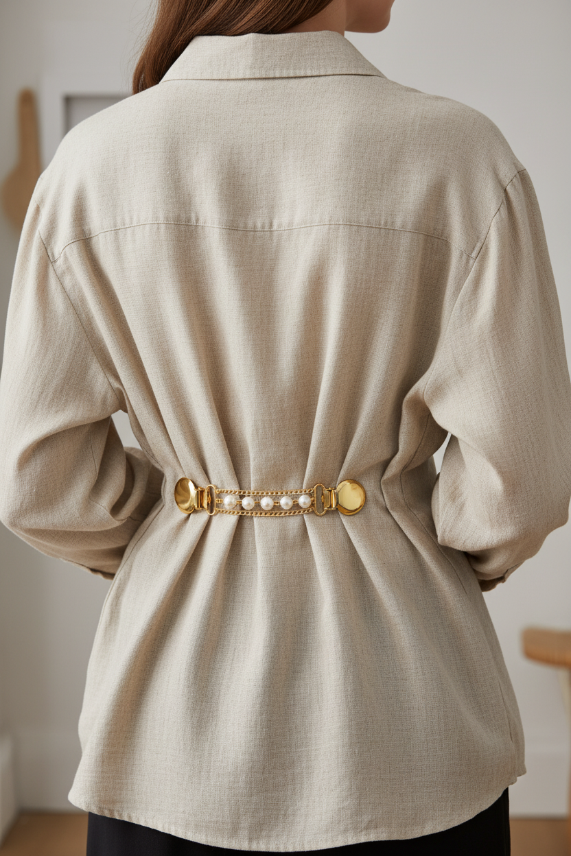 Winnie Pearl Sweater Clip worn at the back as a waist cincher