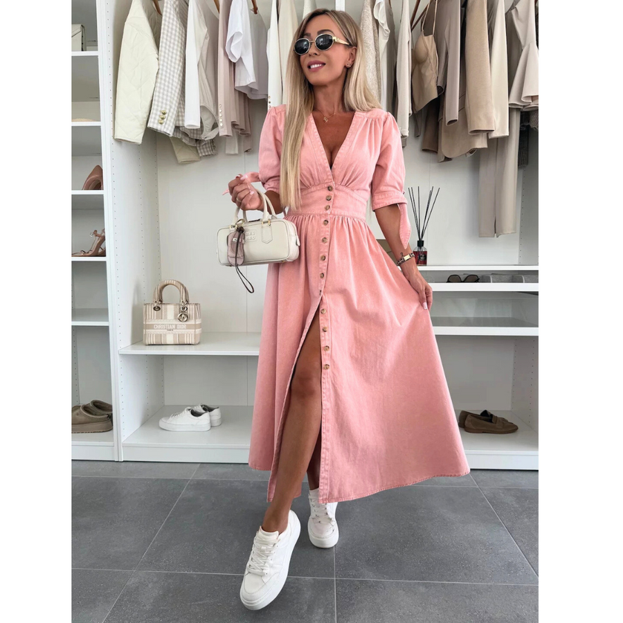 Button front midi dress in pink