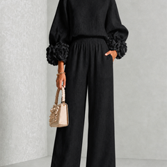 Carys Floral Cuff Two-Piece Set with Wide-Leg Trousers