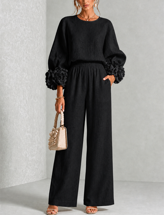 Carys Floral Cuff Two-Piece Set with Wide-Leg Trousers