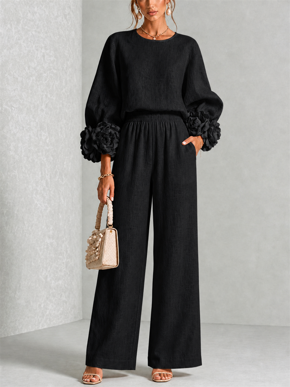 Carys Floral Cuff Two-Piece Set with Wide-Leg Trousers
