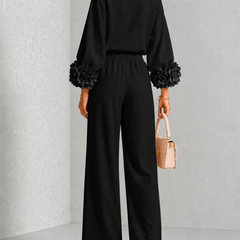 Carys Floral Cuff Two-Piece Set with Wide-Leg Trousers