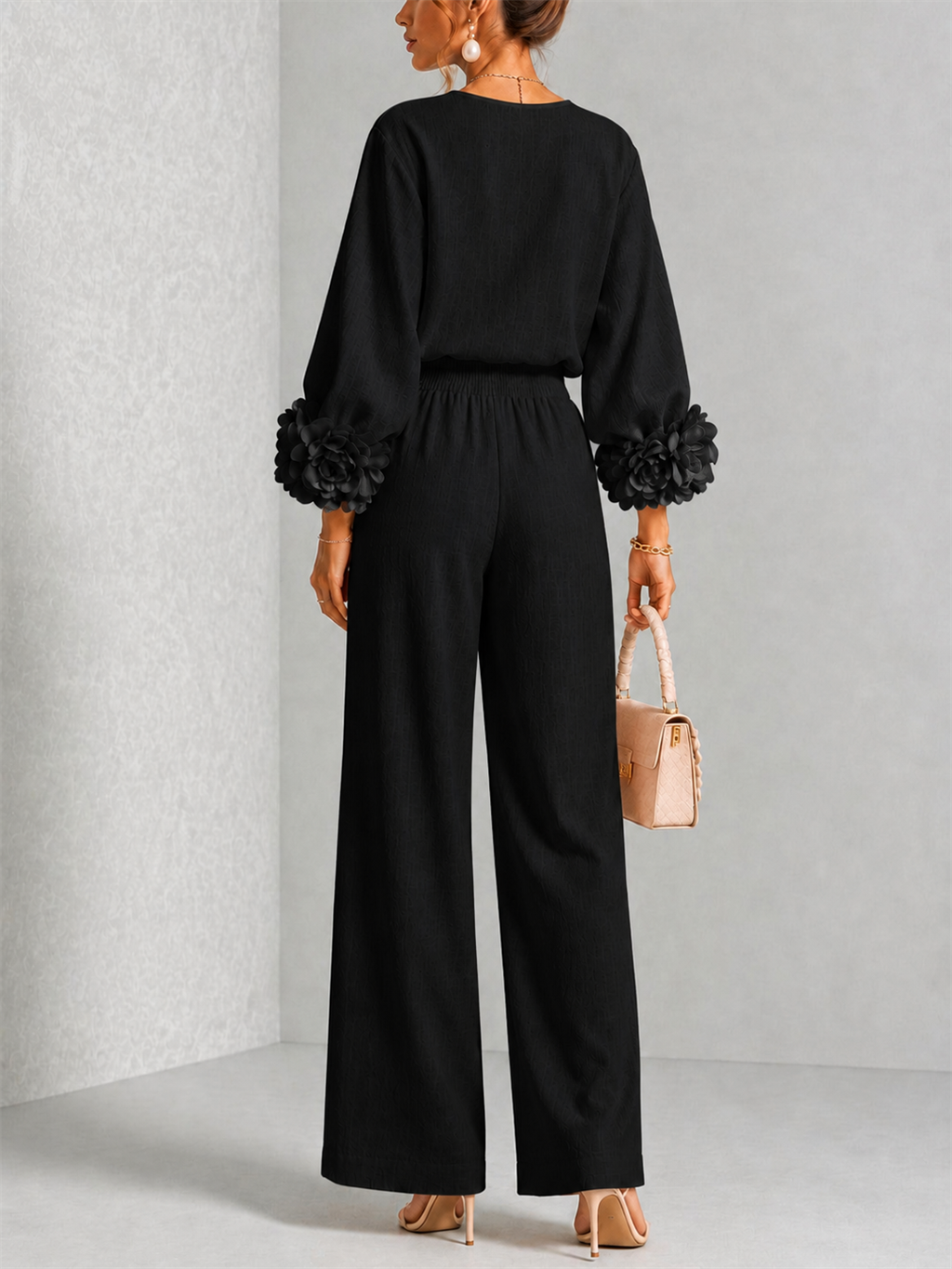 Carys Floral Cuff Two-Piece Set with Wide-Leg Trousers
