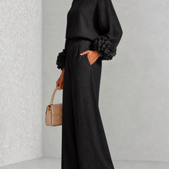 Carys Floral Cuff Two-Piece Set with Wide-Leg Trousers