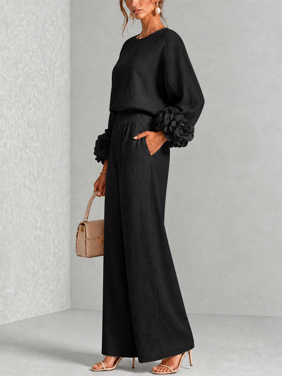 Carys Floral Cuff Two-Piece Set with Wide-Leg Trousers