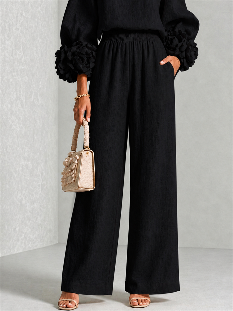 Carys Floral Cuff Two-Piece Set with Wide-Leg Trousers