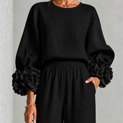 Carys Floral Cuff Two-Piece Set with Wide-Leg Trousers