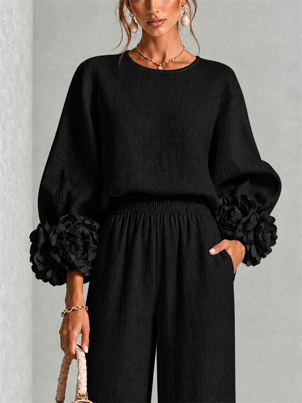 Carys Floral Cuff Two-Piece Set with Wide-Leg Trousers