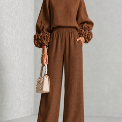 Carys Floral Cuff Two-Piece Set with Wide-Leg Trousers