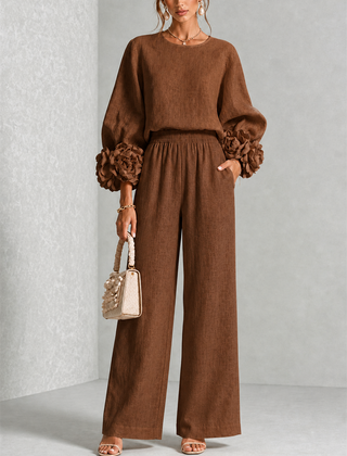 Carys Floral Cuff Two-Piece Set with Wide-Leg Trousers