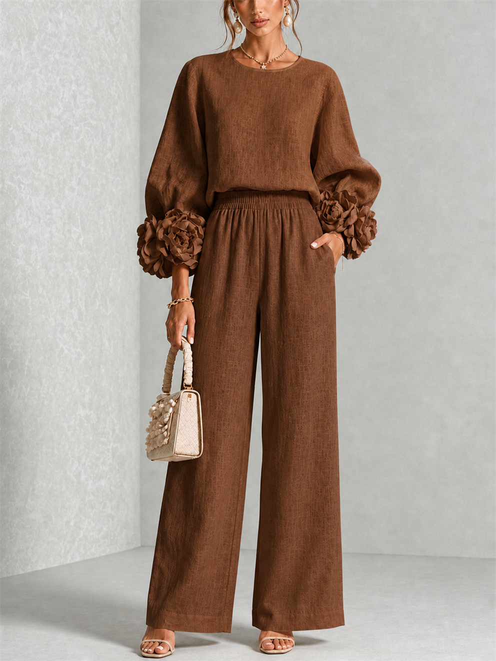 Carys Floral Cuff Two-Piece Set with Wide-Leg Trousers